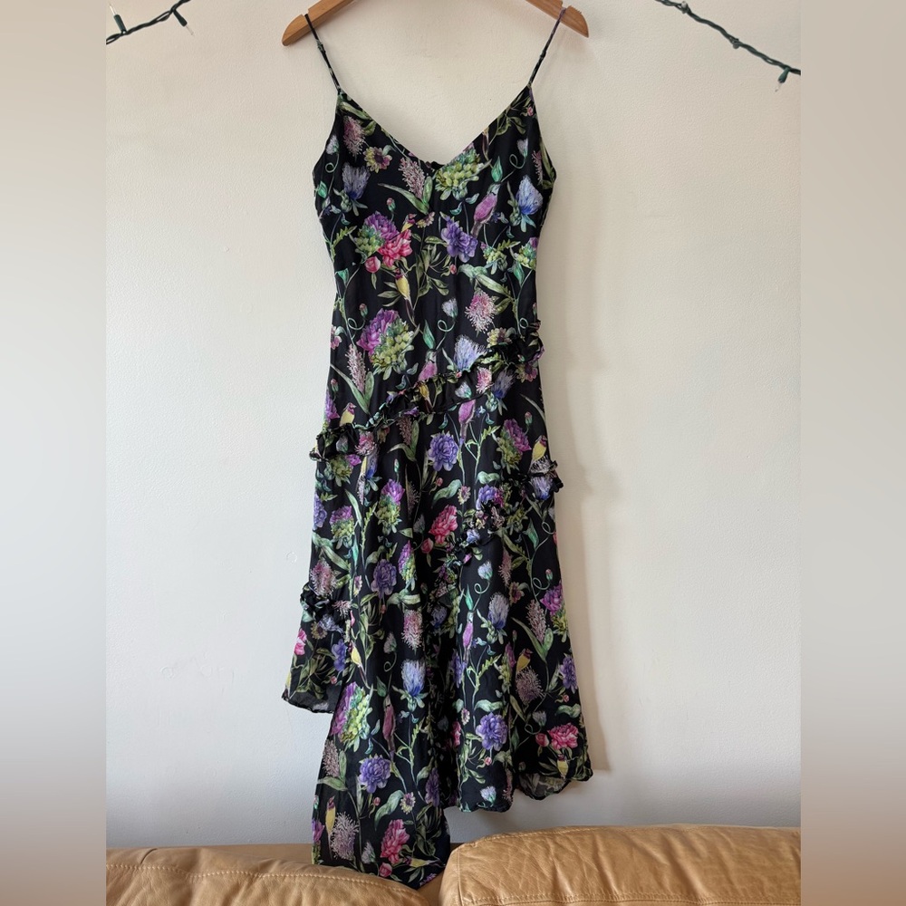 H&M Black Dress 6 with Colorful Floral tropical Design, ruffle, asymmetrical